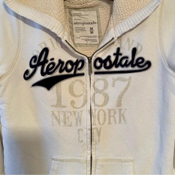 Aeropostale White Hoodie Blue Logo Full Zip Faux Lined Size Medium - Picture 3 of 15